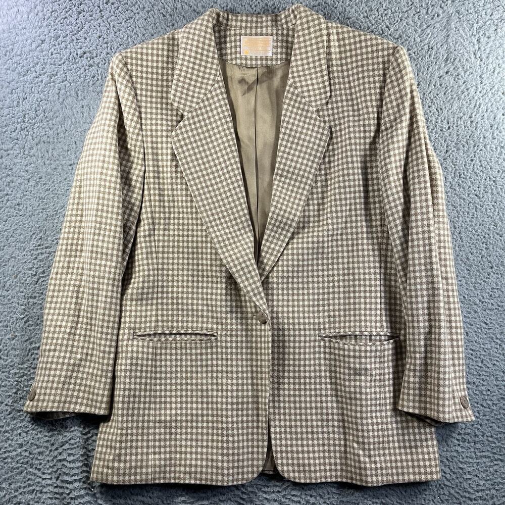 Vintage Pendleton Womens Wool Blazer Jacket Sz 18 Mini Check Gingham Tan USA